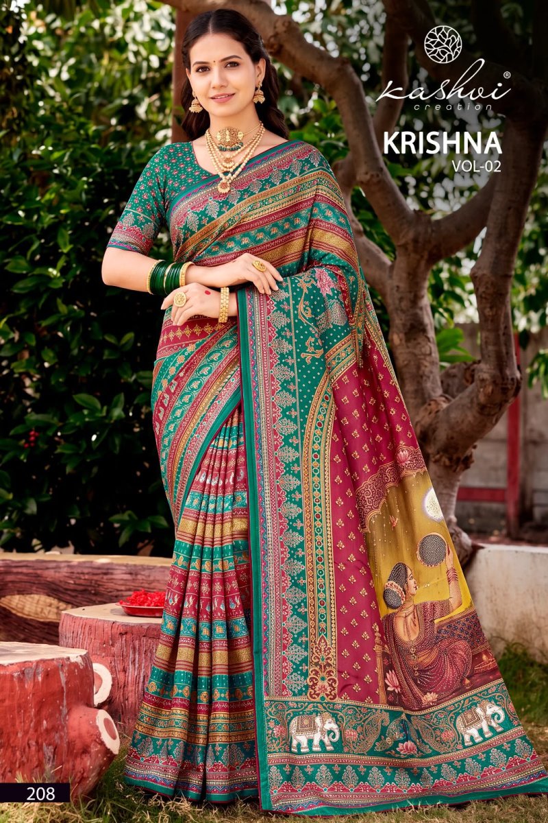 Krishna Vol 2 By Kashvi Chocolate Digital Print Glass Work Saree 